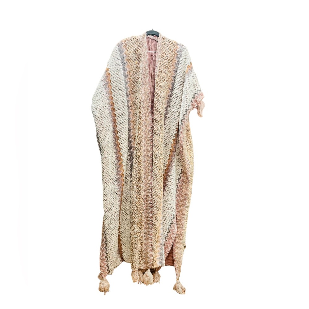 Chevron Pattern Knitted Shawl Long Open  Knit Fabric Hand Made Size XL